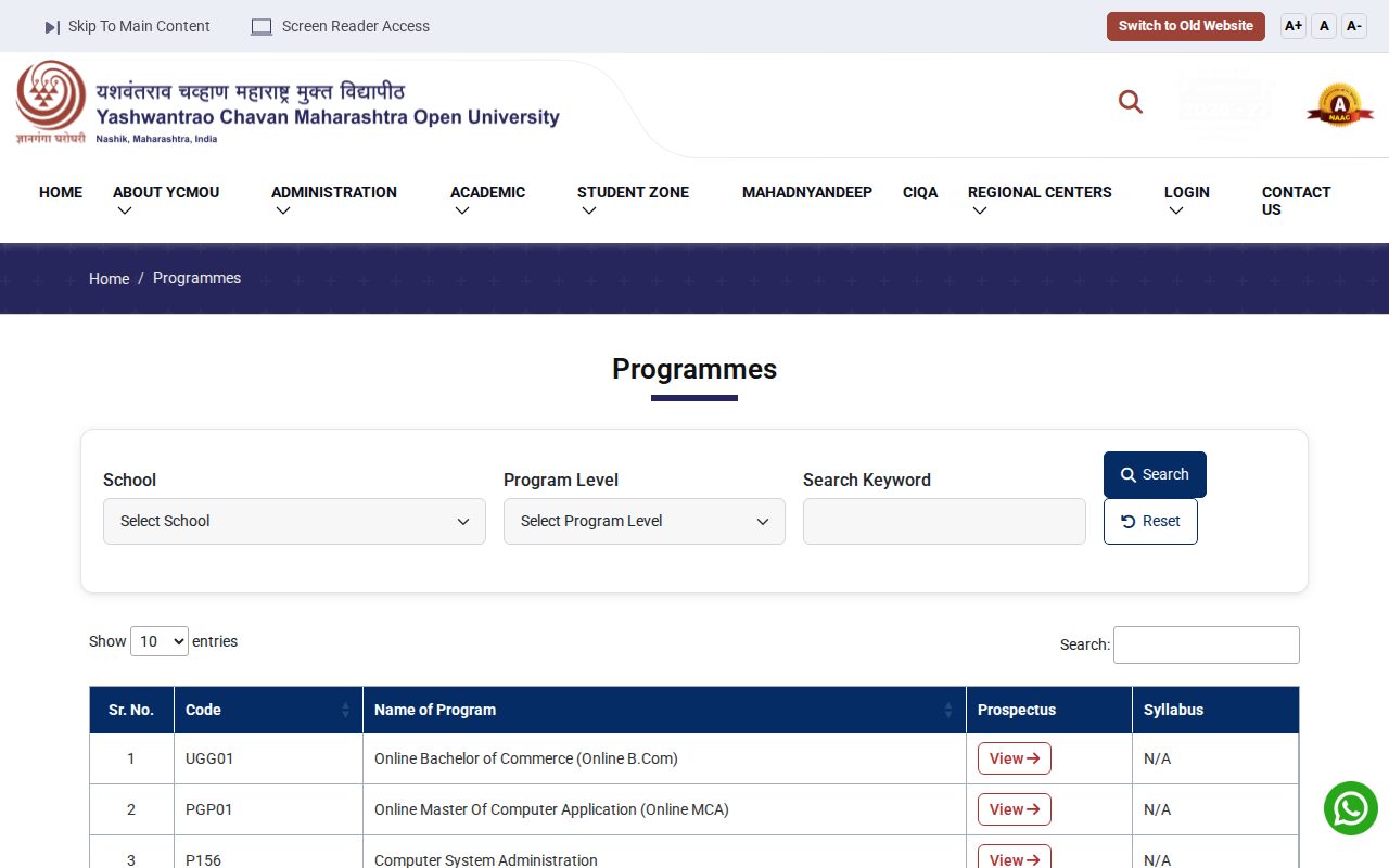 Official YCMOU page on ycmou.ac.in: search programmes and download syllabi
