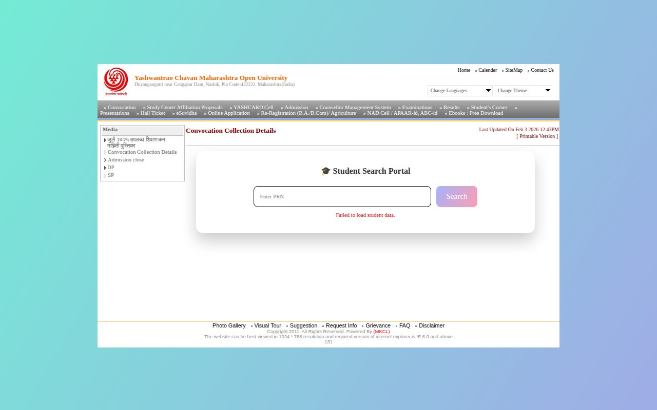 Official YCMOU page on ycmou.digitaluniversity.ac: search convocation certificate collection status by PRN