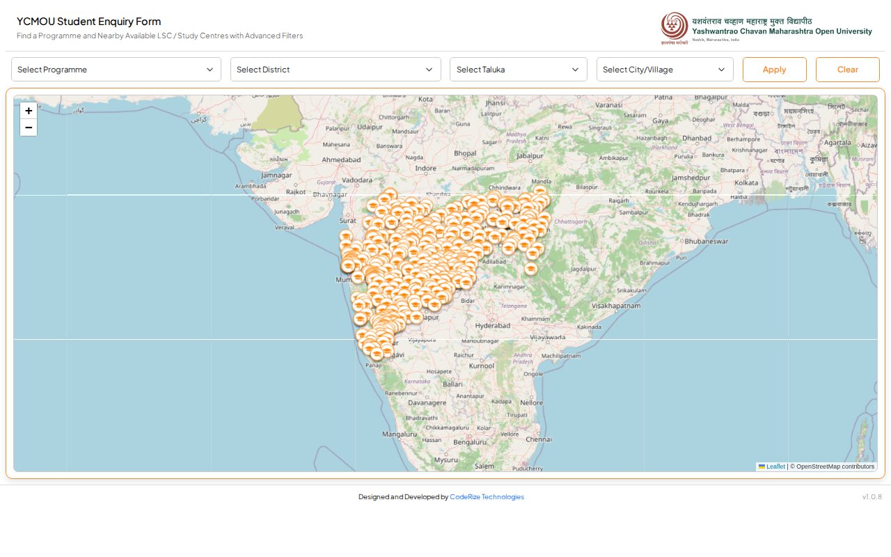 Official YCMOU page on ycmou.coderize.in: search available study centres by programme and district