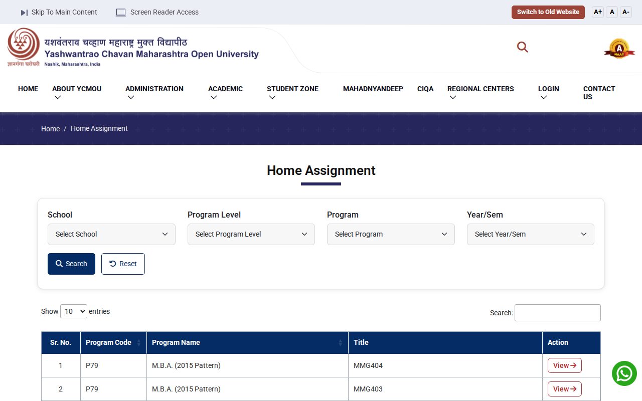 Official YCMOU page on ycmou.ac.in: search and download home assignment papers