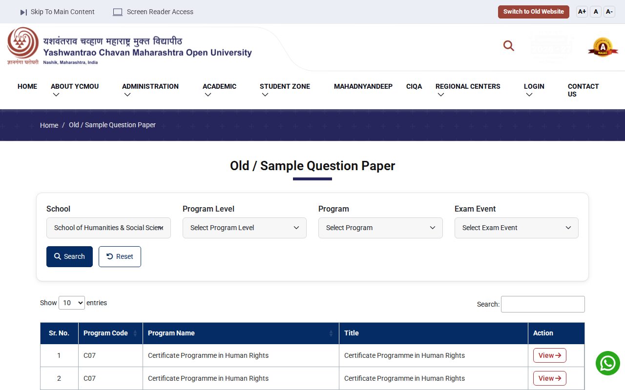 Official YCMOU page on ycmou.ac.in: filter old question papers by school and program
